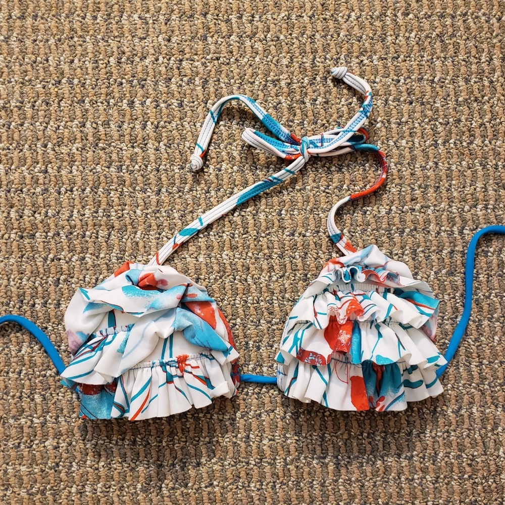 A patterned bikini top